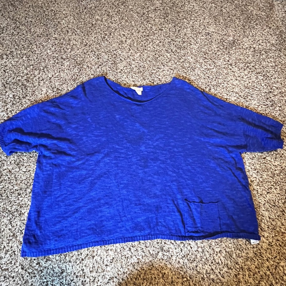 Eileen Fisher XL Cobalt Blue Organic Linen Cotton Boxy Knit Short Sleeve Sweater